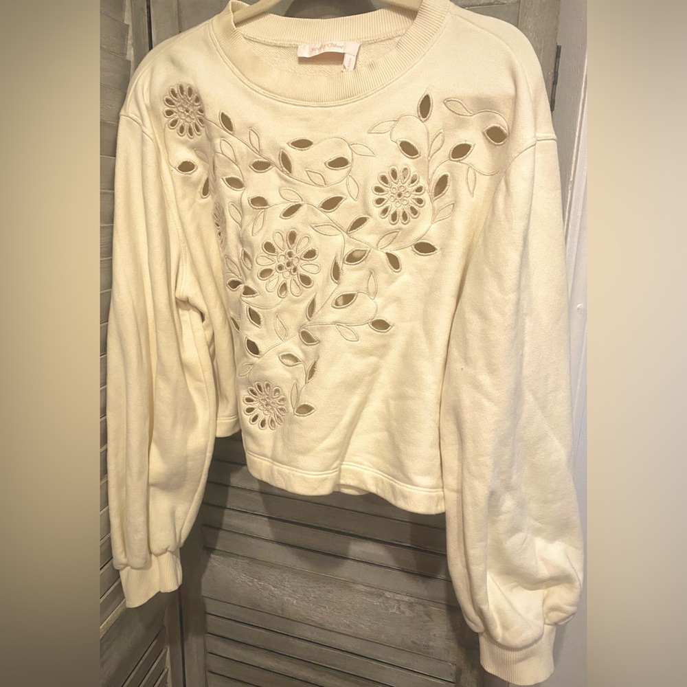 SEE BY CHLOE Ecru/ Off White Laser Cut Cropped Floral Sweatshirt Size XL - Picture 5 of 6